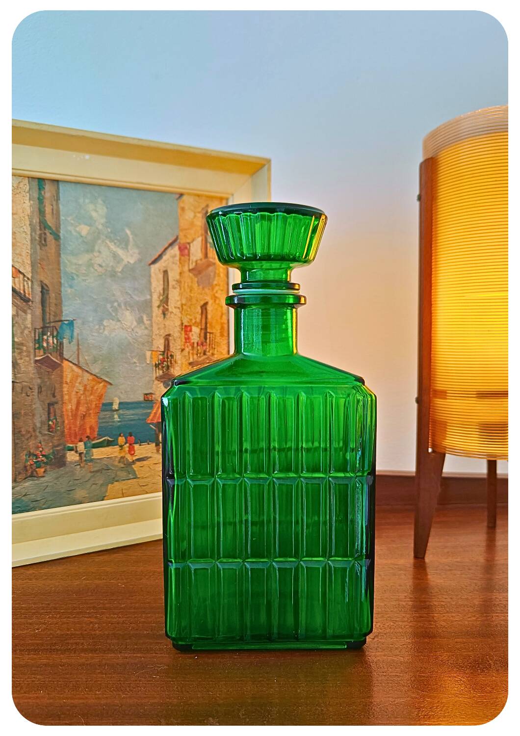 Midcentury Italian Green Glass Caraf/Bottle with Stopper, 1960s.
