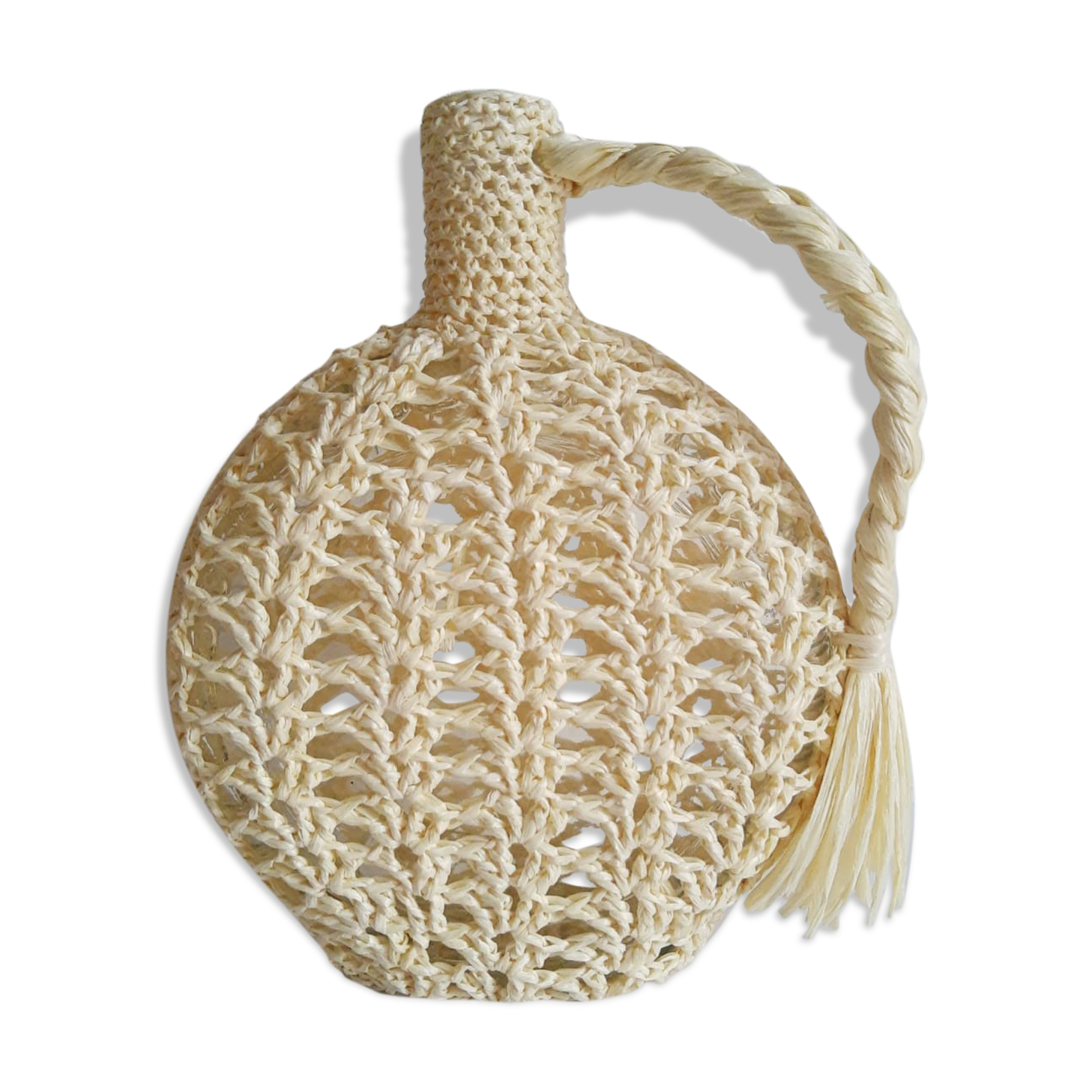 Bottle / vase soliflore macramé raffia / vintage plastic