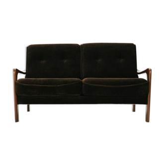'70s teak sofa with brown velvet covers