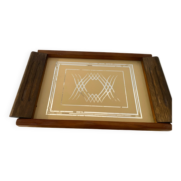 Vintage Art Deco service tray / 1970s – wood & mirrored base