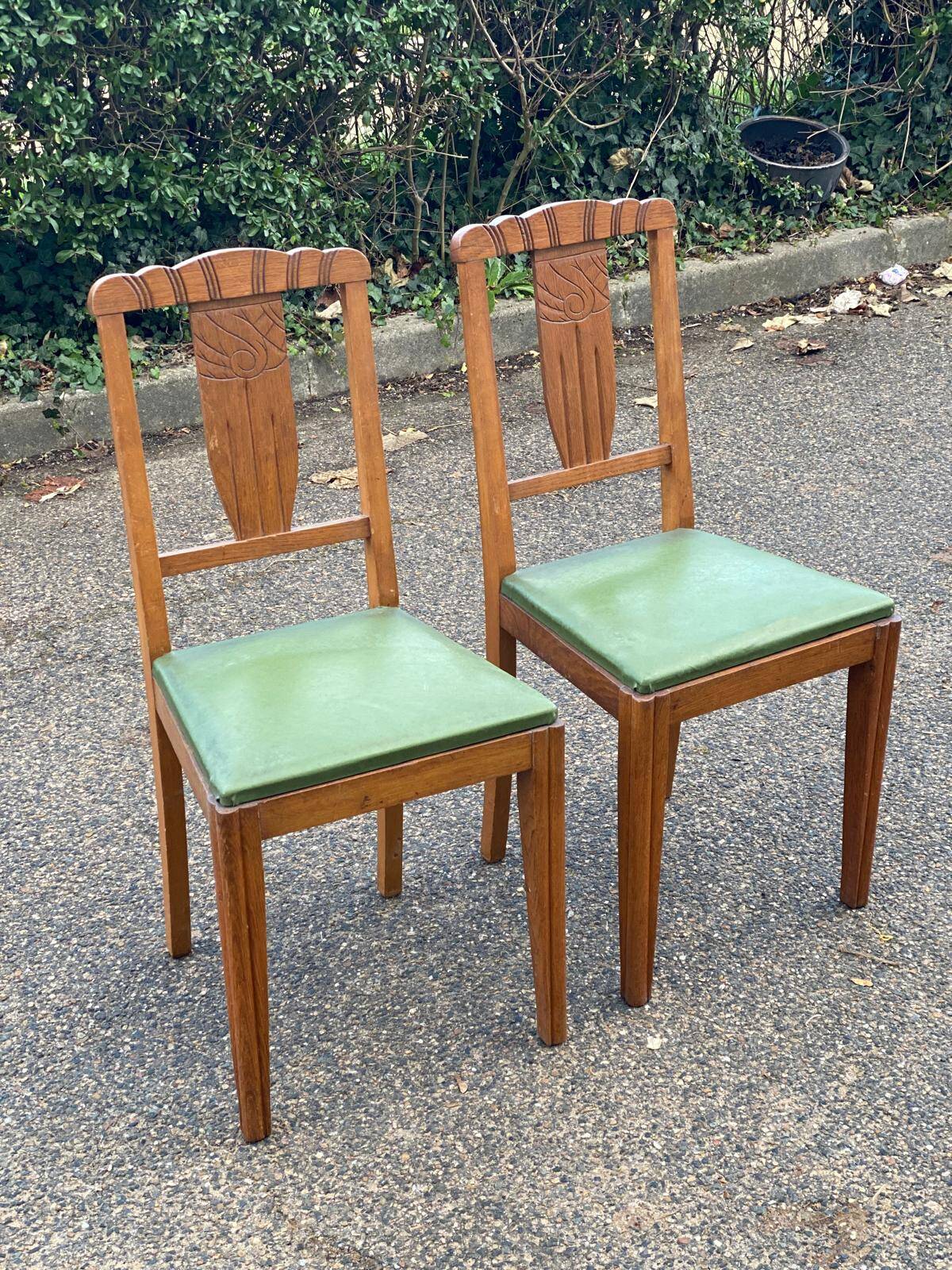 2 art deco dining room chairs in solid wood and green leather
