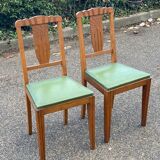 2 art deco dining room chairs in solid wood and green leather