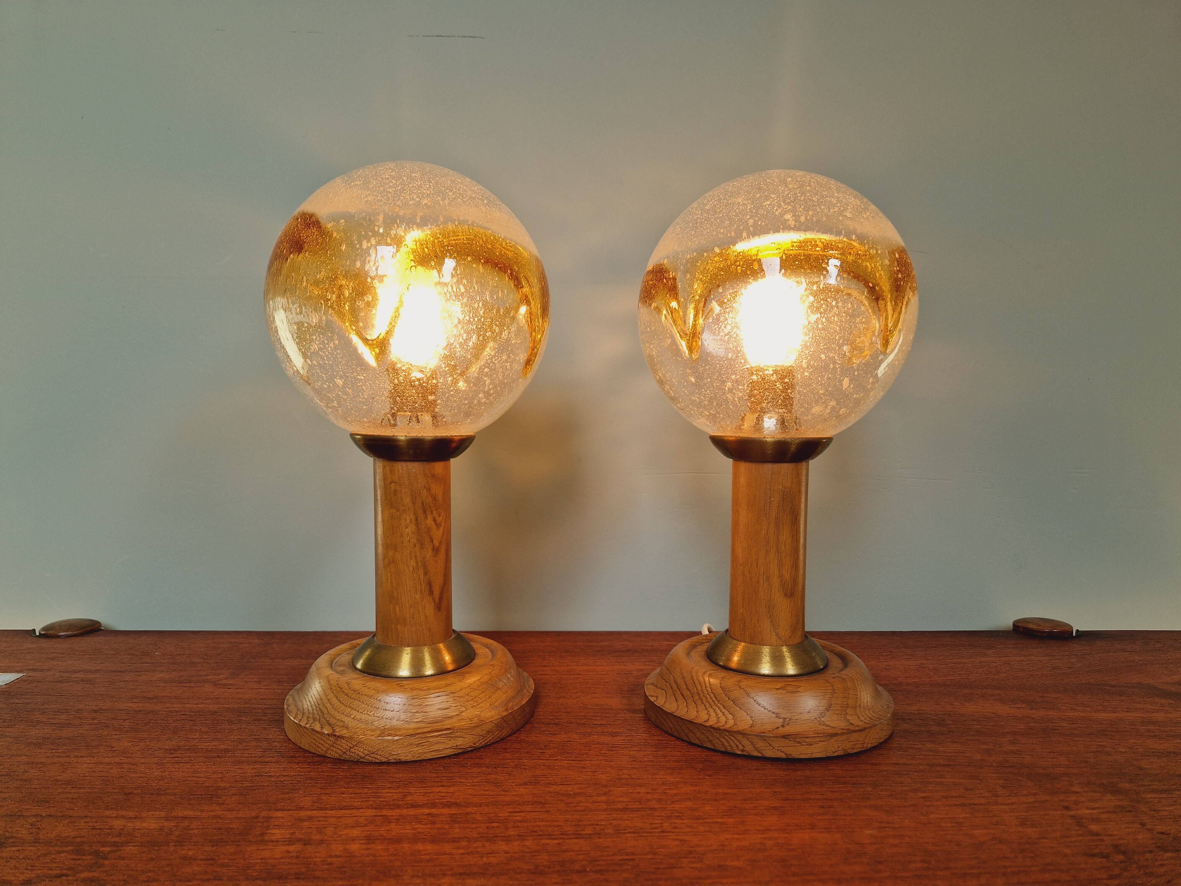 Pair of wooden and blown glass lamps, Honsel Leuchten, 1970s