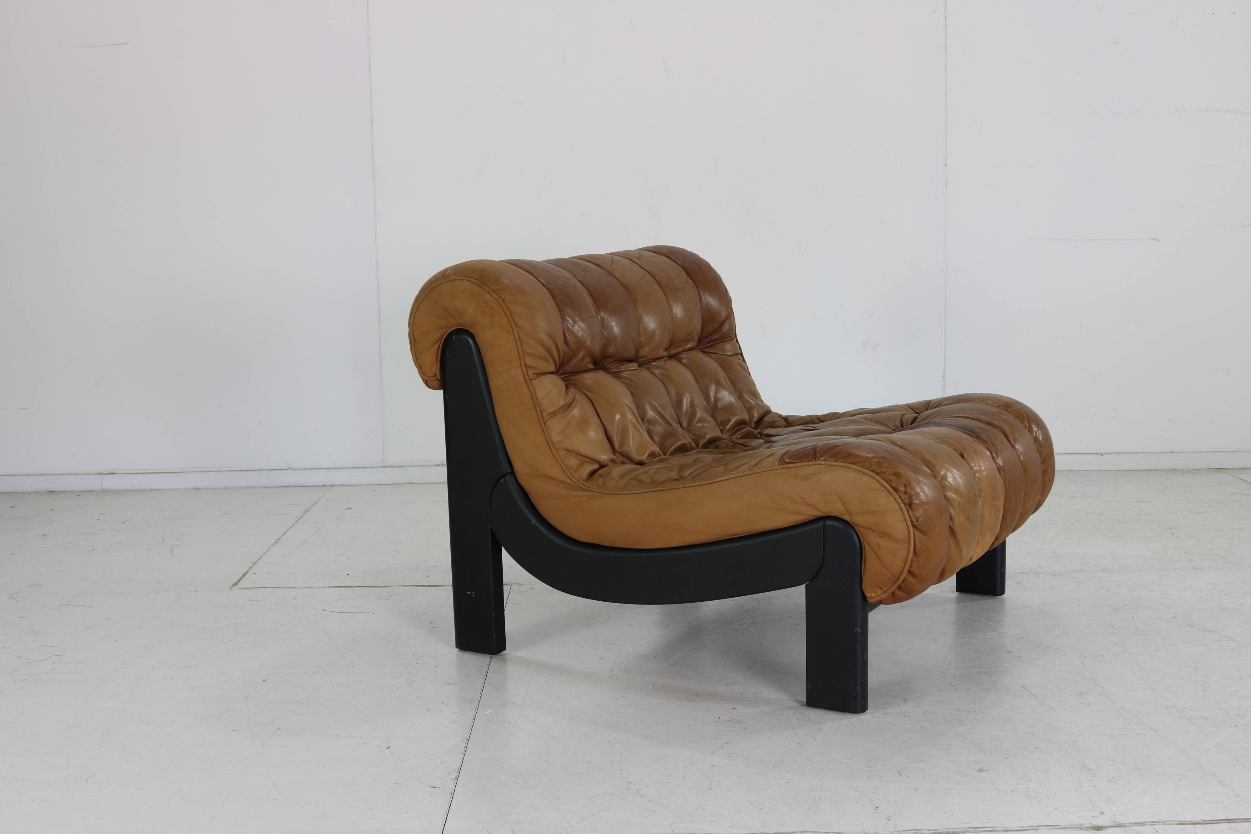 70s living room set in cognac brown leather with black wenge wood frame