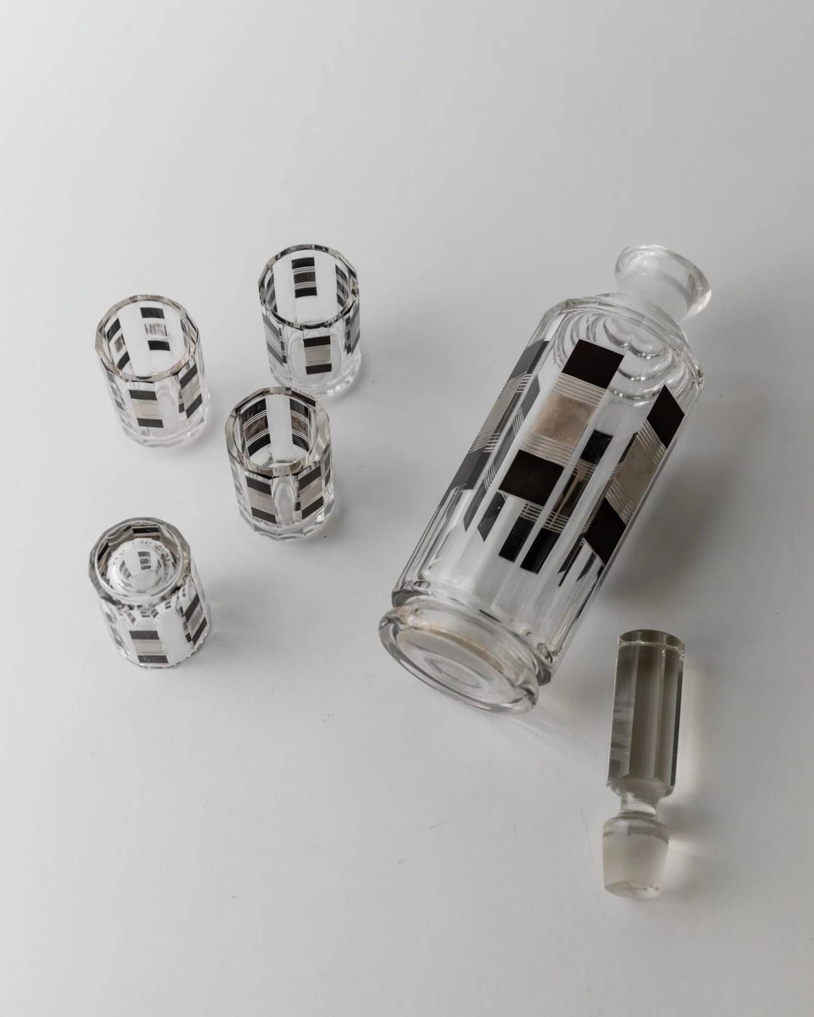 Vintage Art Deco Karl Palda Liqueur Set – Transparent Crystal Glass with Silver Details, 1 Decanter + 4 Glasses