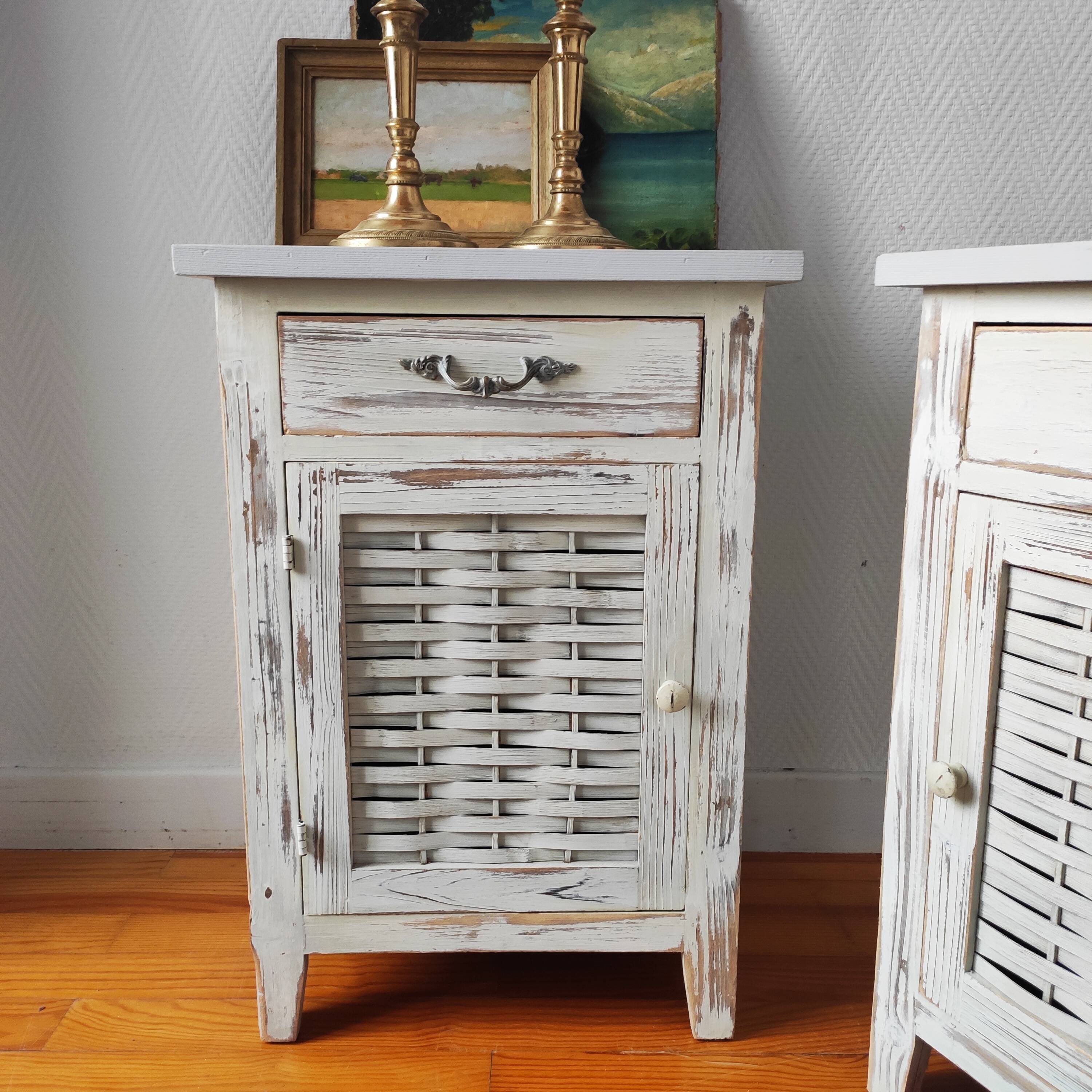 Pair of patinated bedside tables and end tables