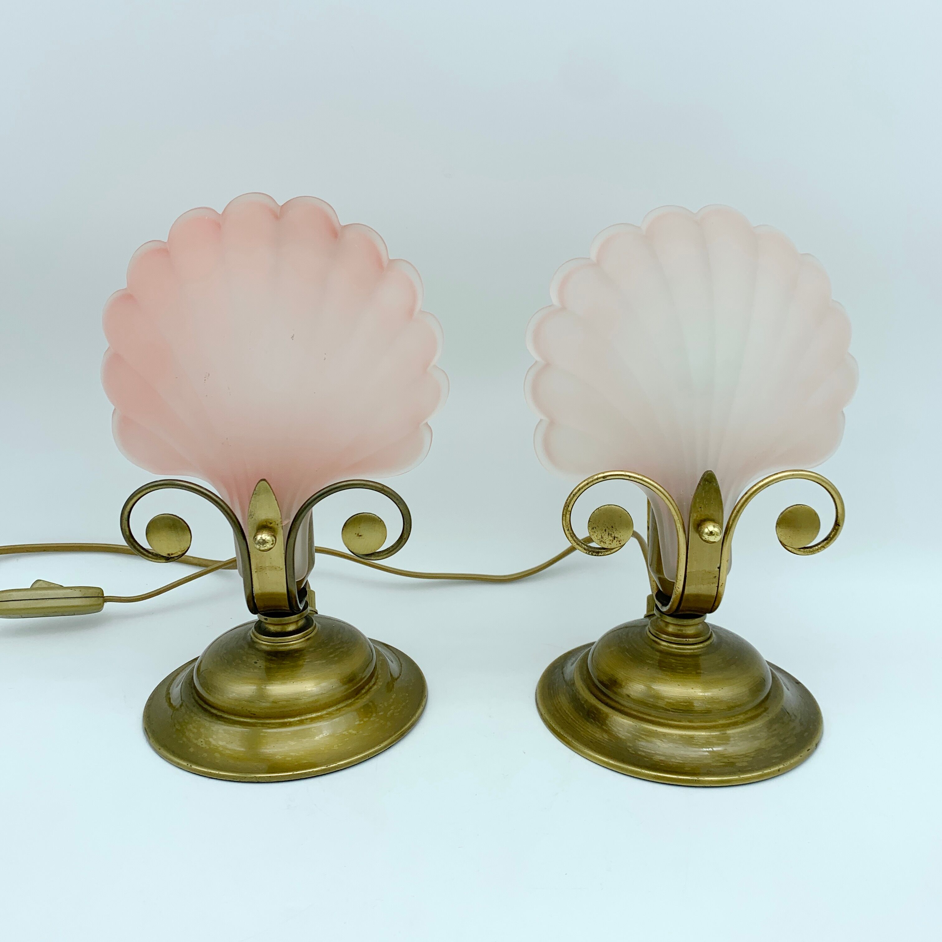 Pair of vintage brushed glass and brass shell lamps