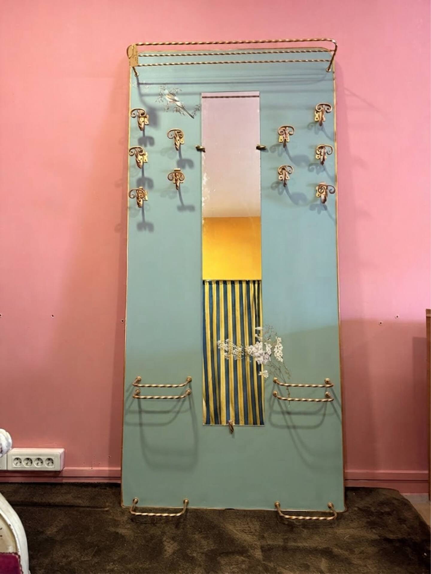 Large vintage entrance wardrobe, wall-mounted coat rack with mirror and p