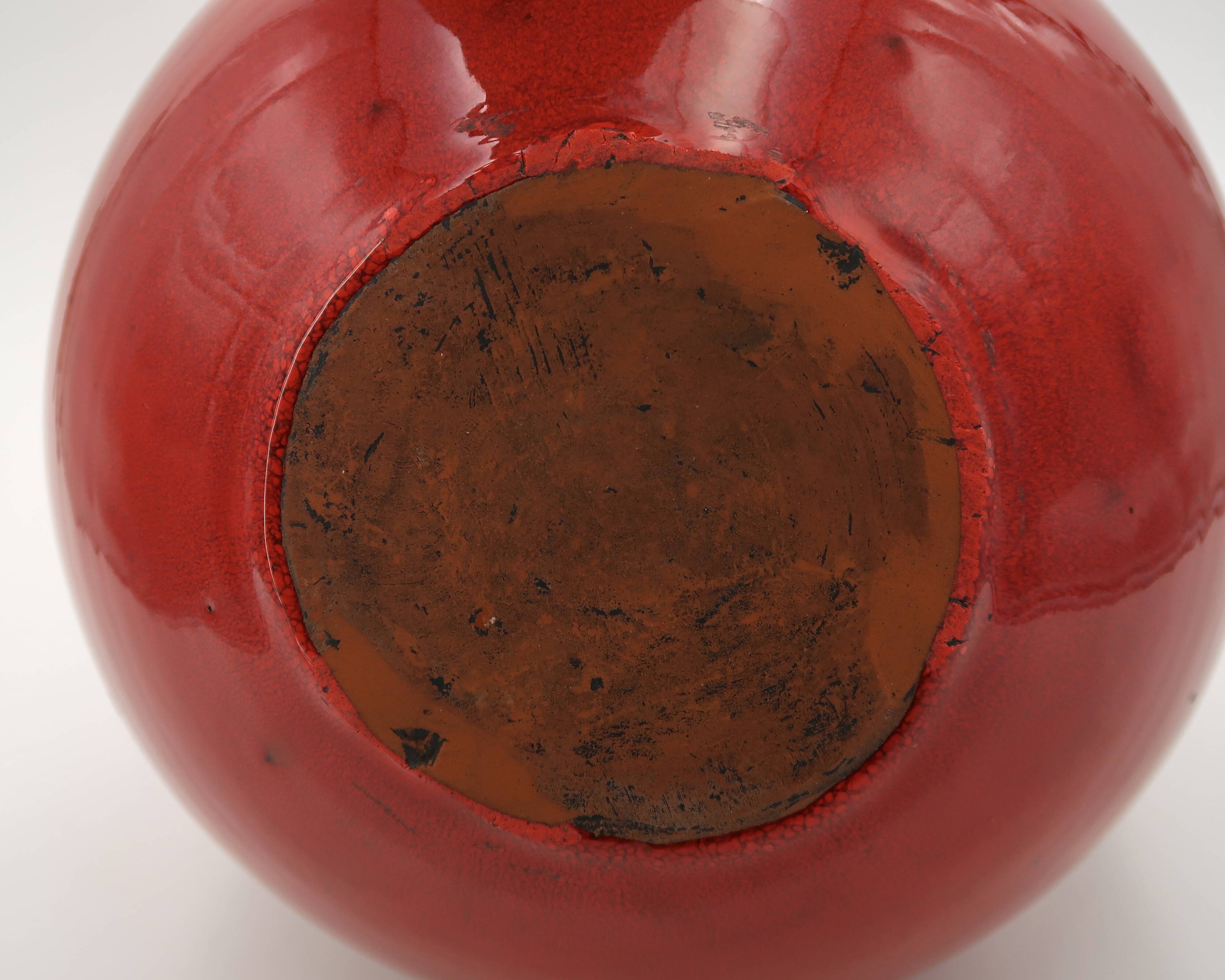 Impressive red ceramic vase, Belgian work, 1960s.