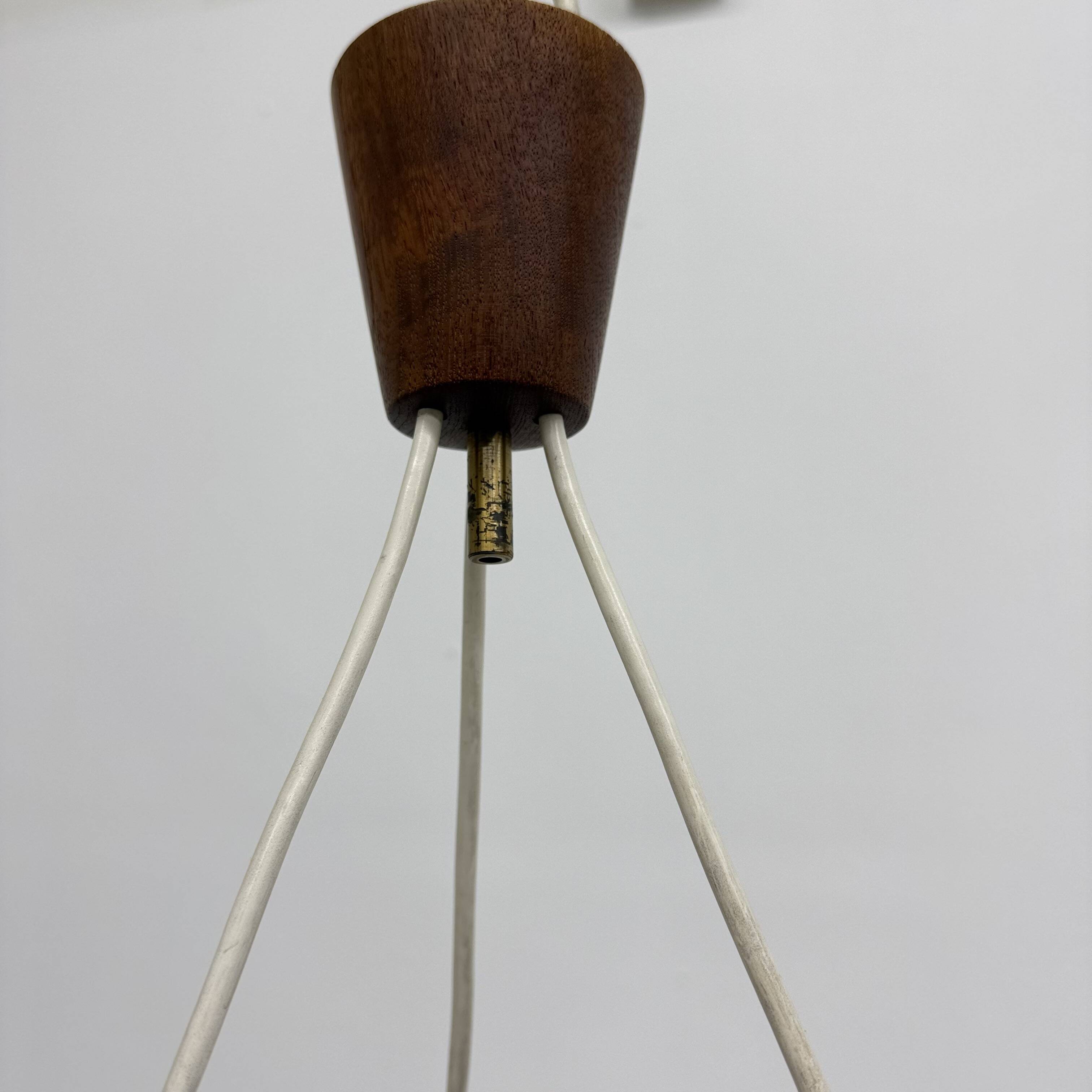 Mid-century design pendant lamp teak and opaline glass, 1970s