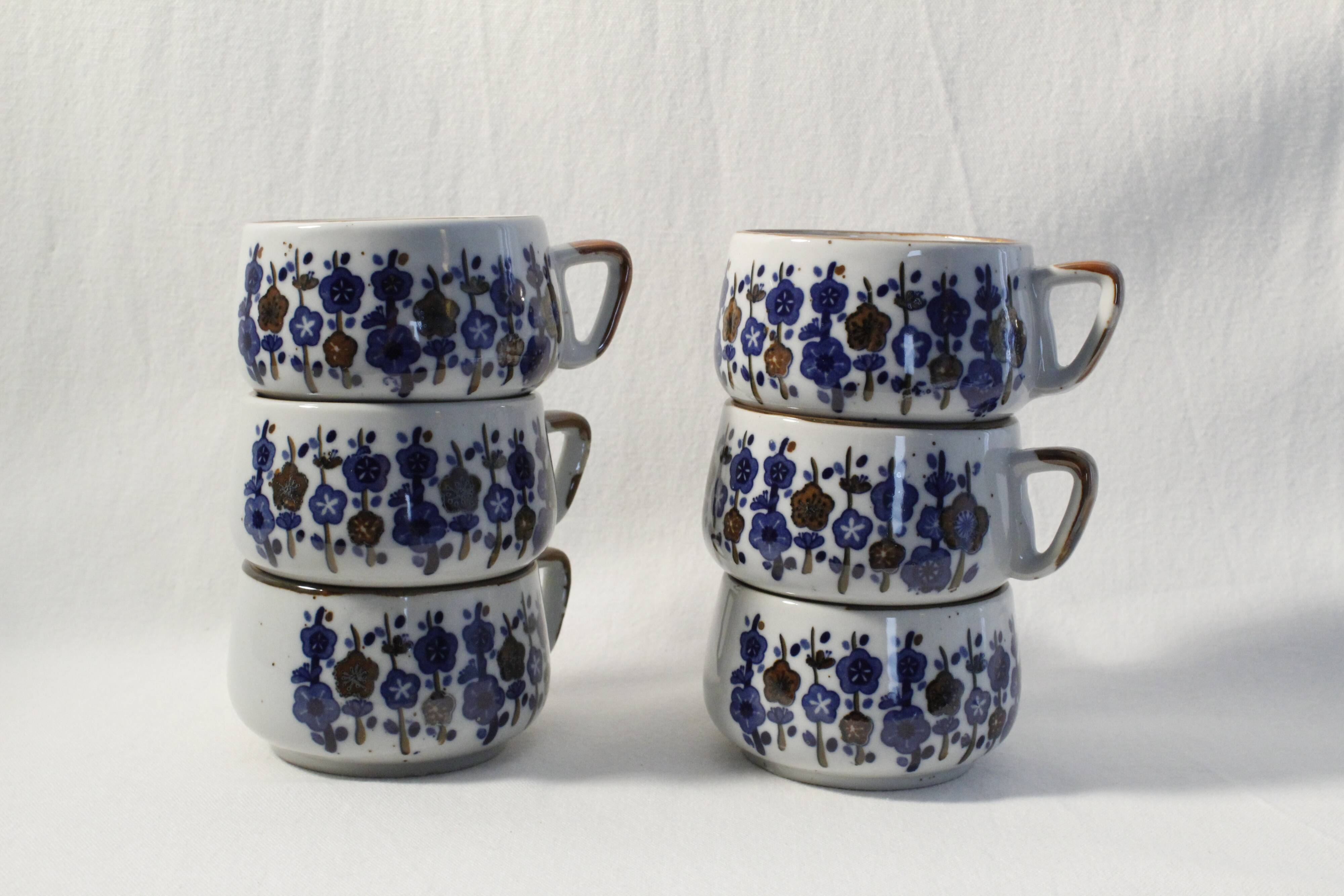 Lot de 6 tasses café vintage en céramique motifs fleuri