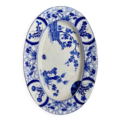 Moyen plat ovale Creil & Montereau en terre de fer bleue, service ''Japon