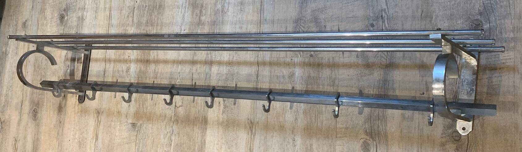 Large chrome metal wall coat rack with Art Deco shelf