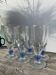 6 clear champagne flutes with blue stems, designer style