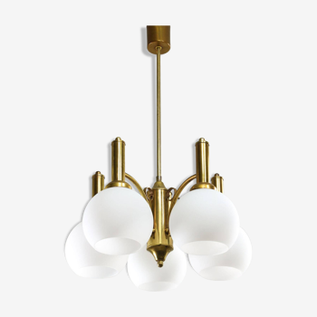 Lustre Mid-Century en Laiton et Opaline, Italie