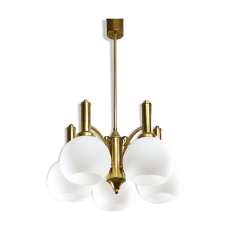 Lustre Mid-Century en Laiton et Opaline, Italie