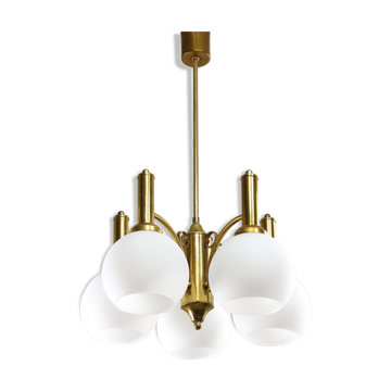 Mid-century Italian Brass and Opaline Chandelier