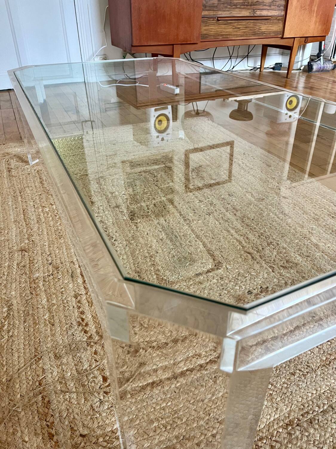 Table basse Athena en altuglas et verre David Lange, années 1970