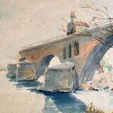 Watercolor landscape by J. Muller: the Saint-Nicolas Chapel of the Saint-Bénézet bridge in Avignon 1936