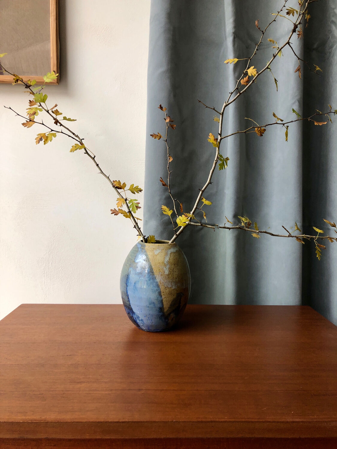 Vase émail bleu et beige