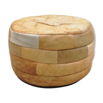 Round leather patchwork pouf 1970