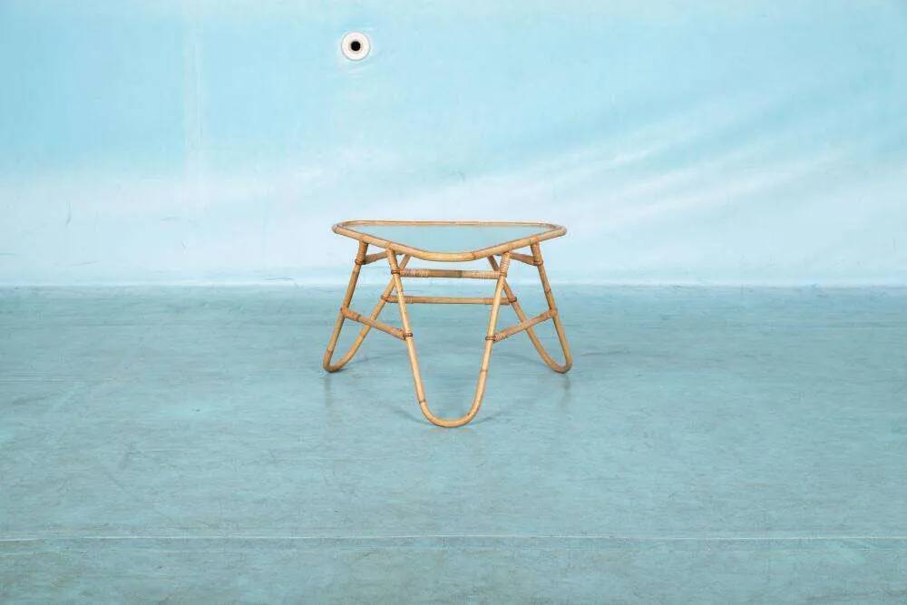 Vintage rattan coffee table from the sixties, bohemian rattan side table.