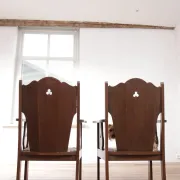 Pair of low Brutalist oak lounge chairs with new rush seats – circa 1935