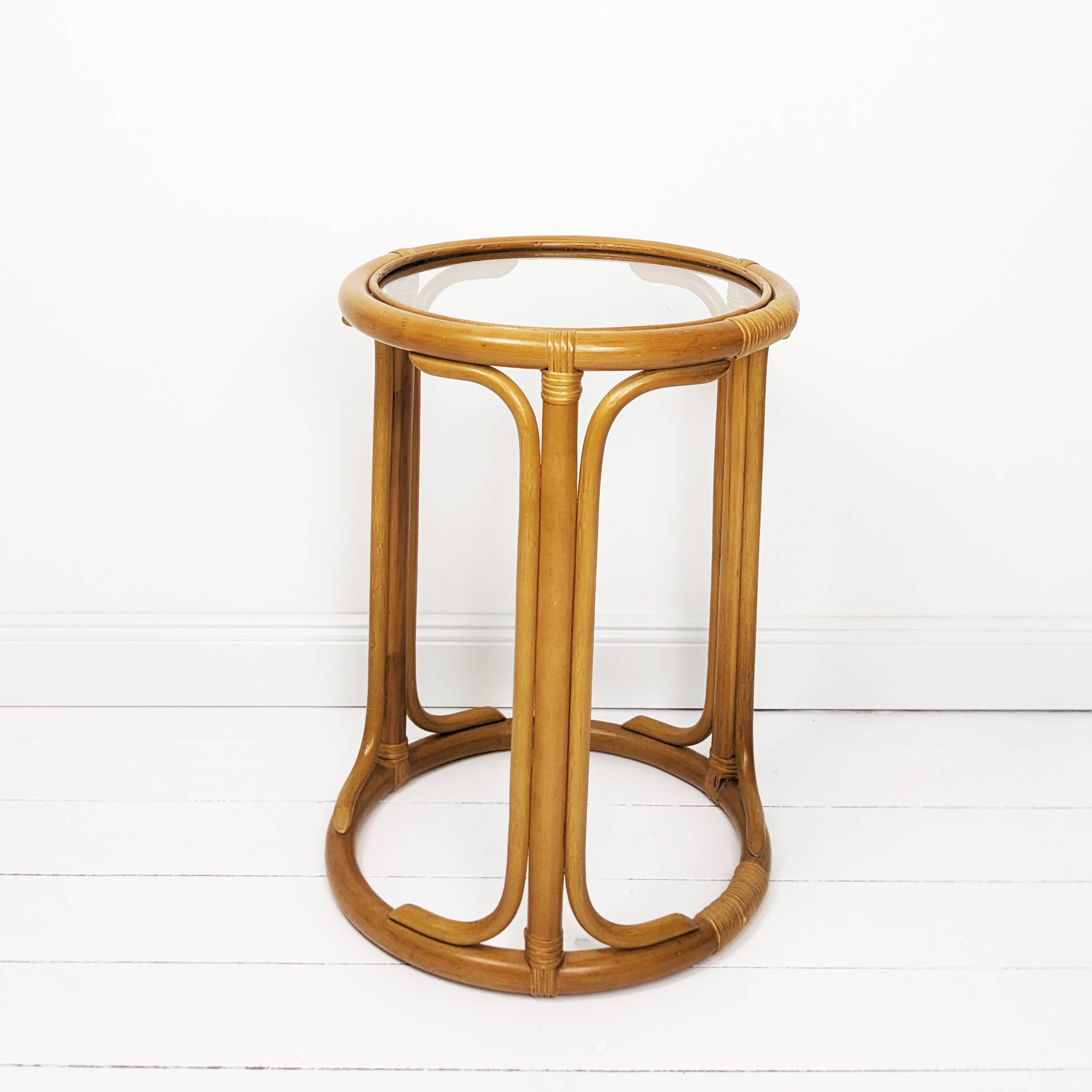 Table d'appoint bambou rond plateau en verre table basse midcentury boho salon petite table marron