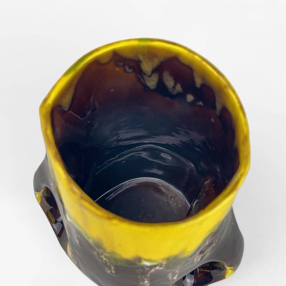 Vase with handle in glazed ceramic with vintage drips