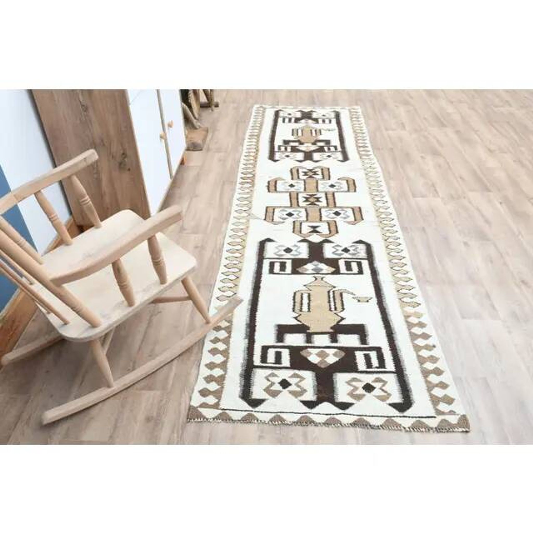 1970s Turkish Oushak Handmade Wool Cotton Beige Runner Rug 99x300