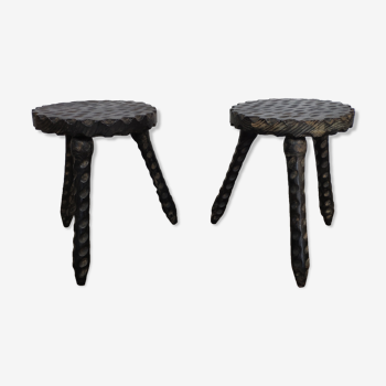 Pair of ancient stools in carved solid oak