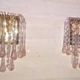 Pair of Murano wall sconces with cascading raindrop style, Venini crystals.