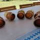 6 small glasses Amber Blown Glass garnished wicker 1 cracked