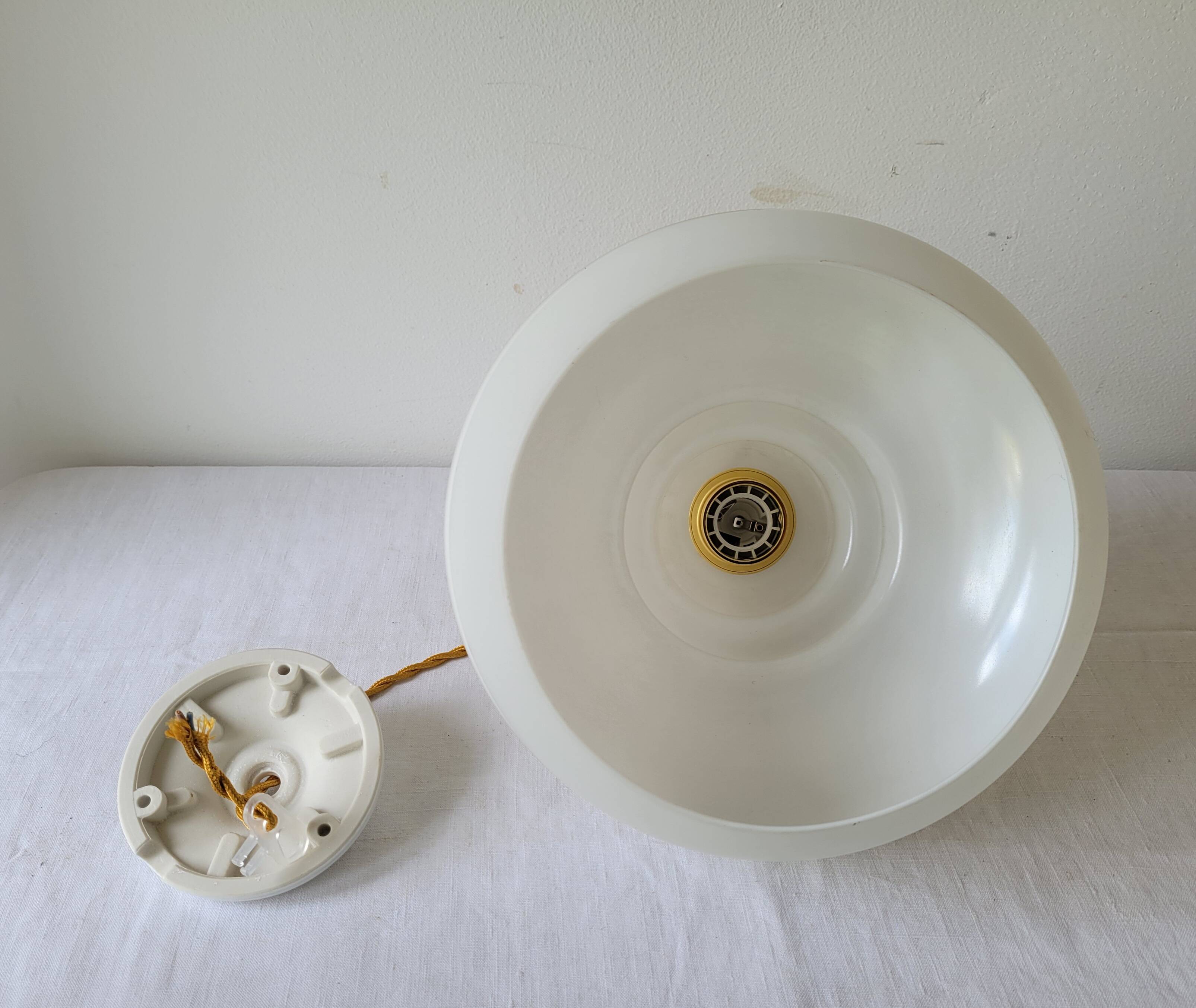 Opaline and teak pendant light