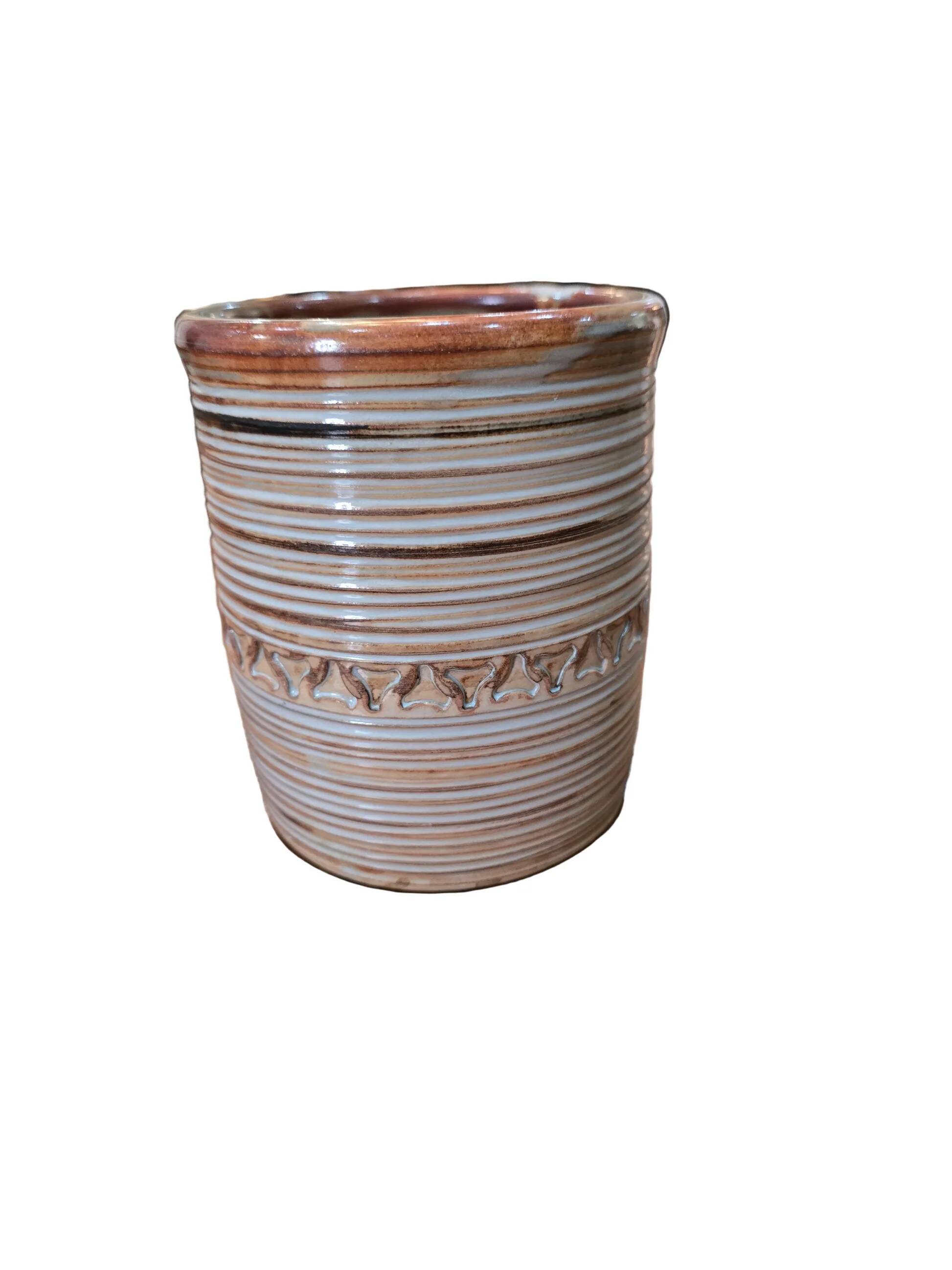 Cylindrical stoneware pot, glazed, turned, ribbed, signed – Artisan potter