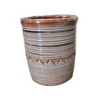 Cylindrical stoneware pot, glazed, turned, ribbed, signed – Artisan potter