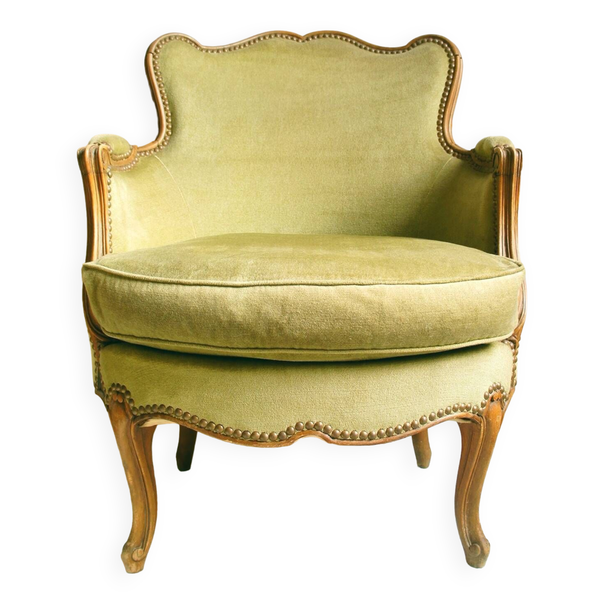 Fauteuil bergère bois sculpté & velours