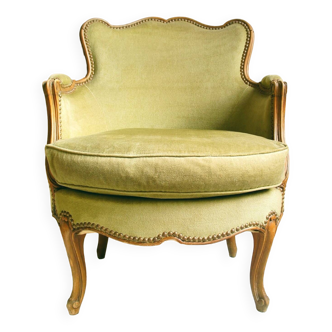 Carved wood & velvet shepherdess armchair