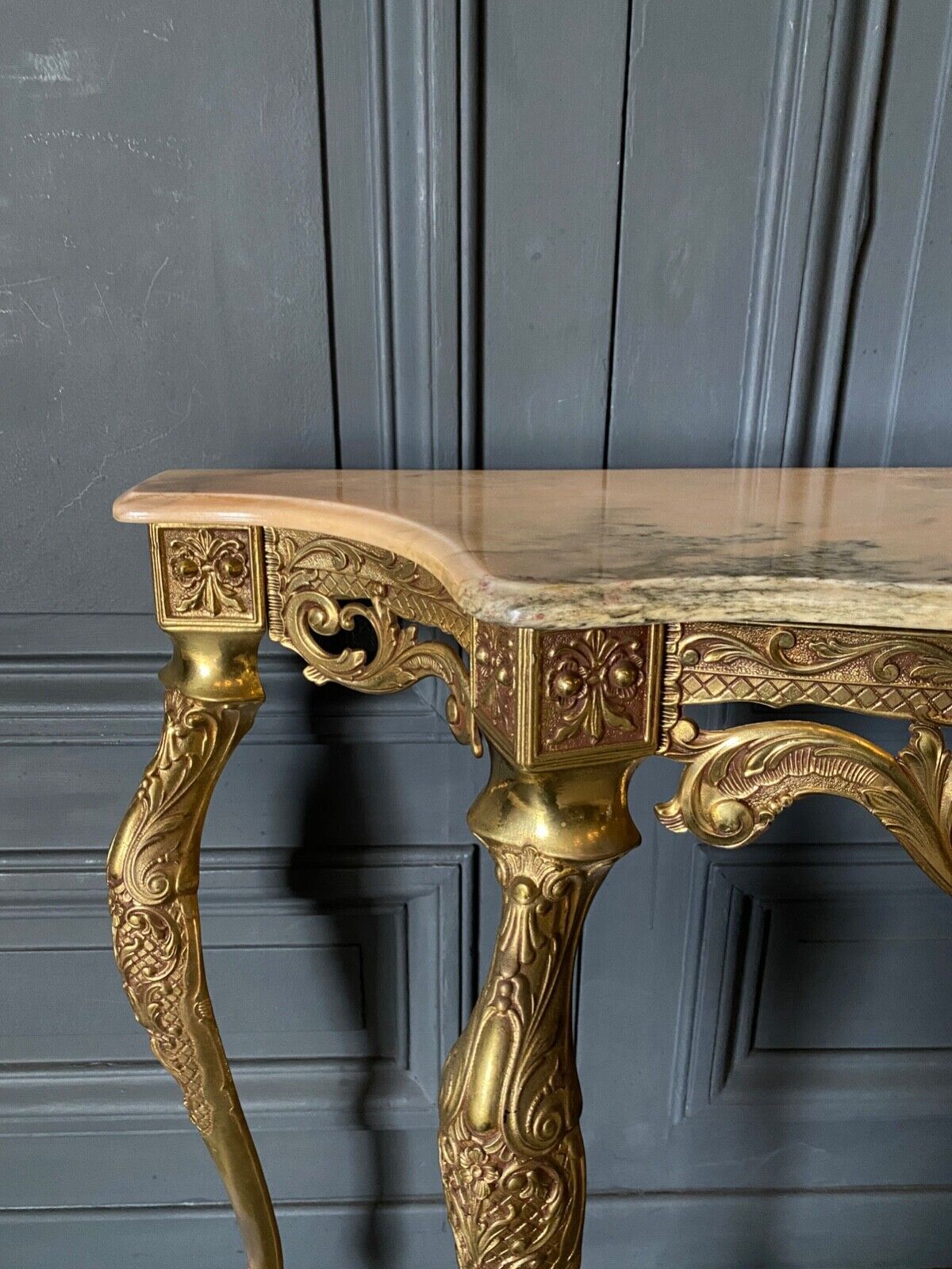 Gilded bronze console Louis XV style and its Mirror Mid-twentieth Marble