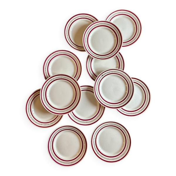 Lot de 12 assiettes plates anciennes Gien rouges et or