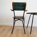 Pair of armchairs and vintage coffee table straw, wood and metal