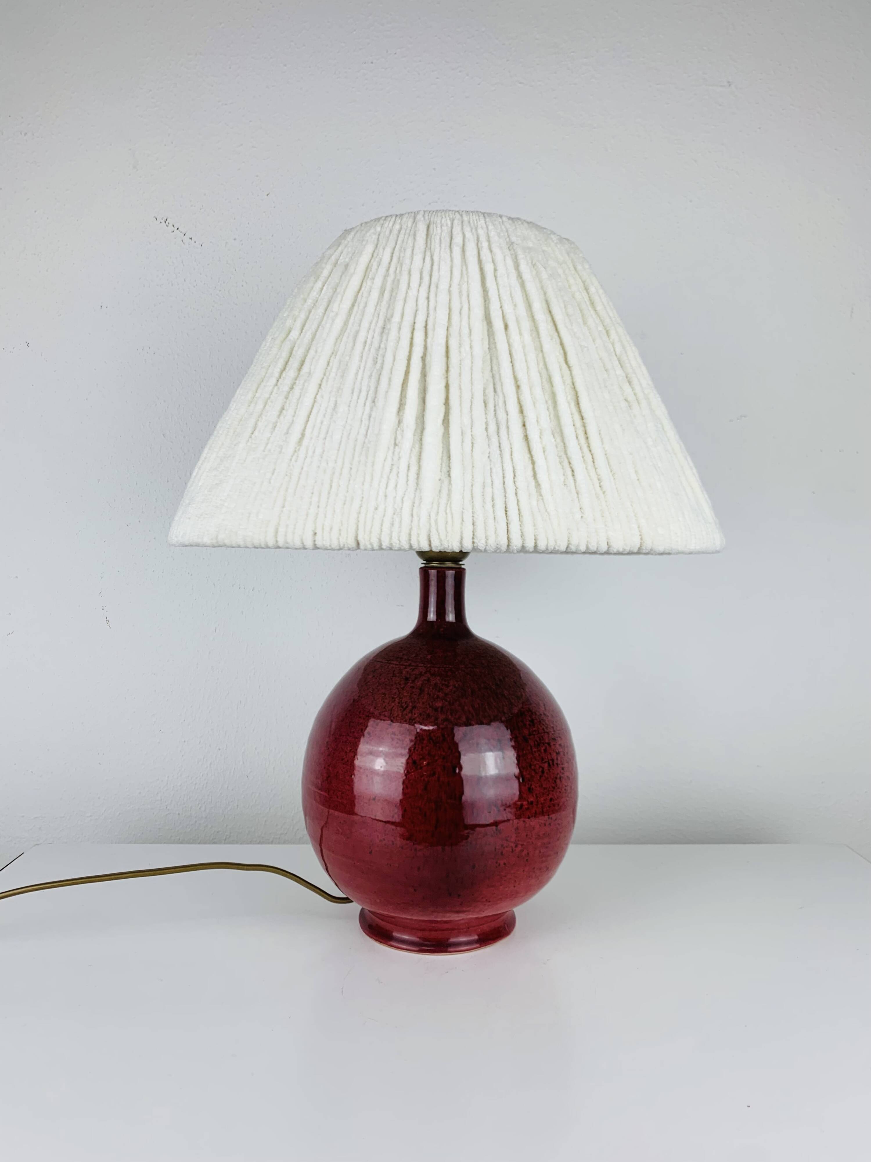 Purple ceramic ball lamp with wool shade, vintage.