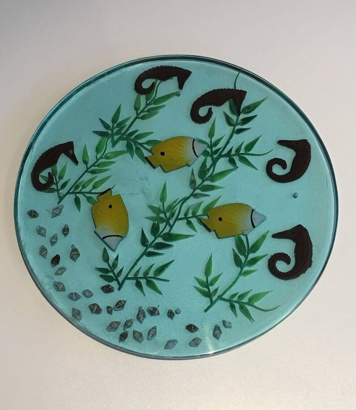 Set of 4 resin trays, inlaid with seahorses, fish, seaweed, and shells.