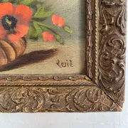 Old painting of a bouquet of pansies and poppies.
