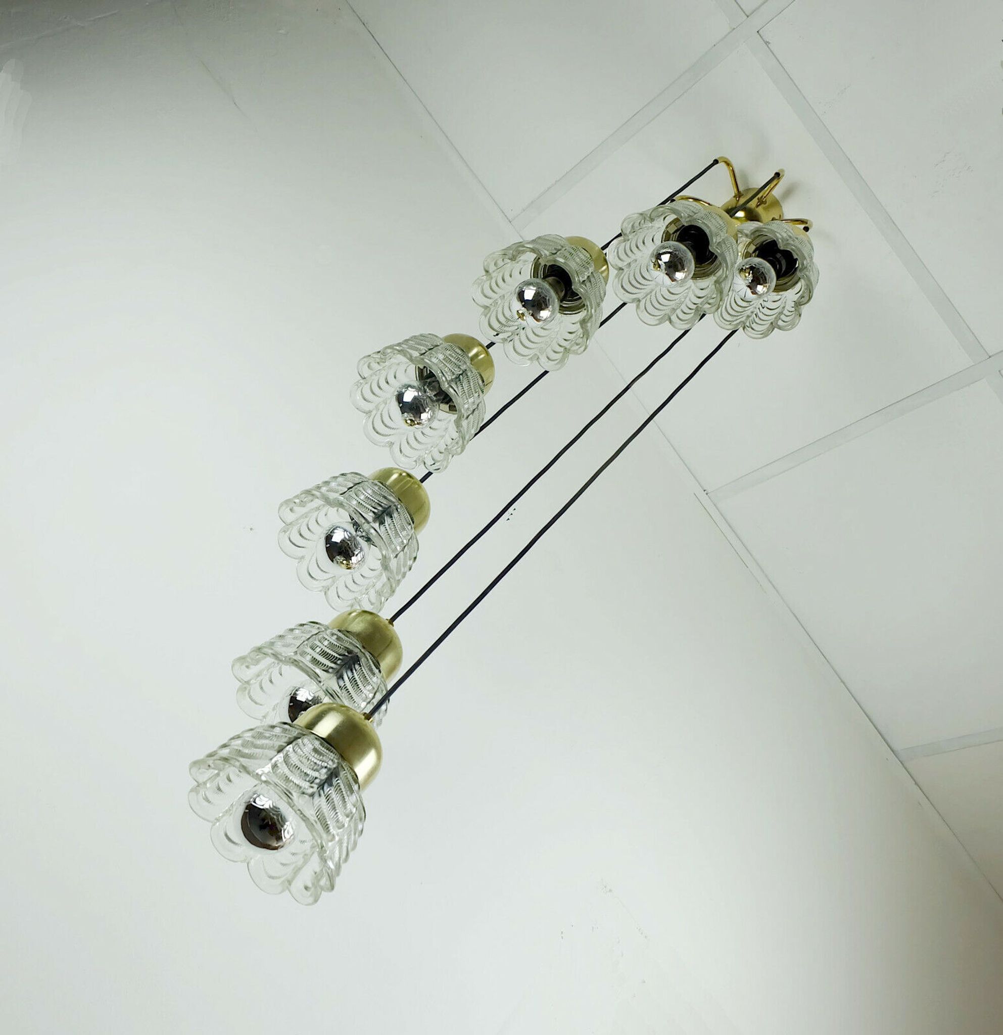 1960s mid century cascading lamp 7 flower-shaped glass shades and brass chandelier