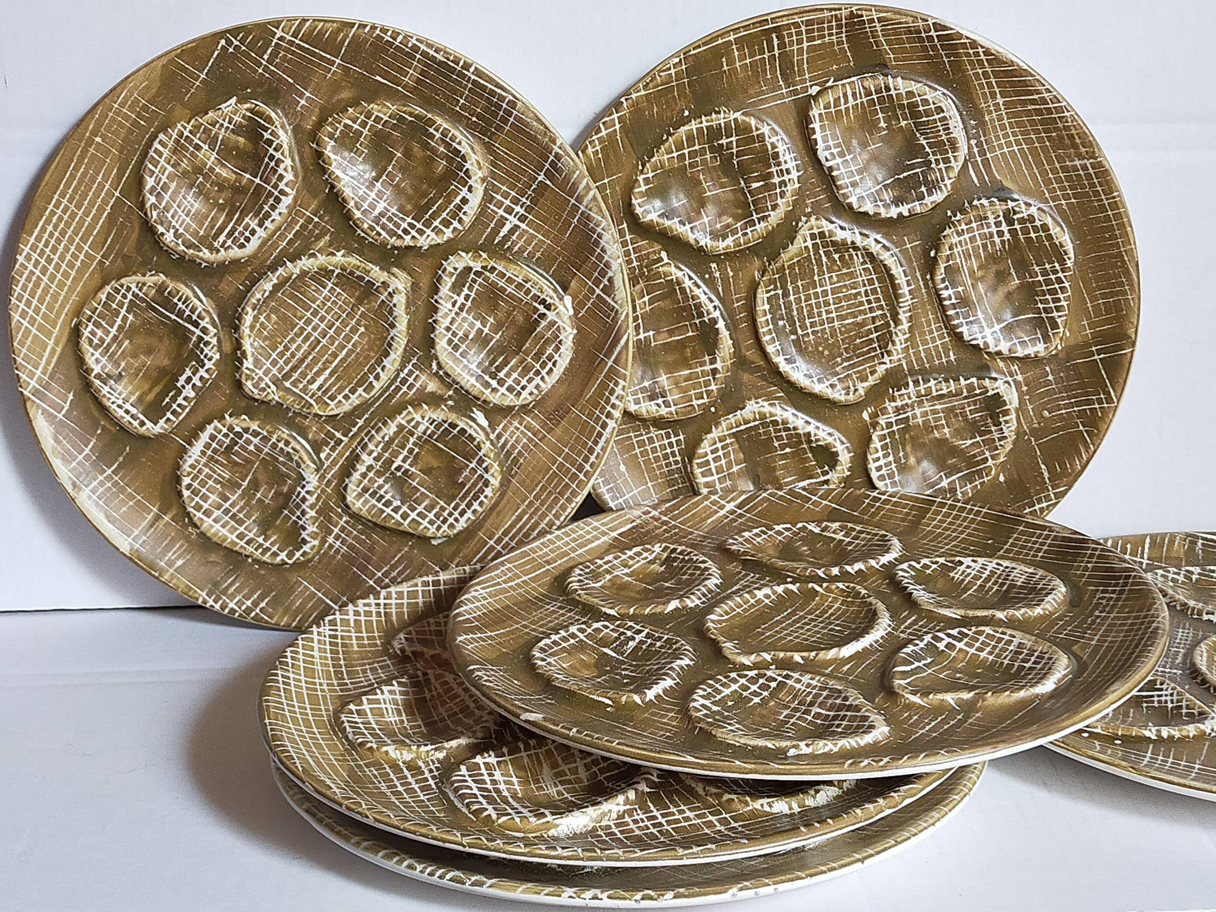 Six oyster plates earthenware with matte enamel, 50s