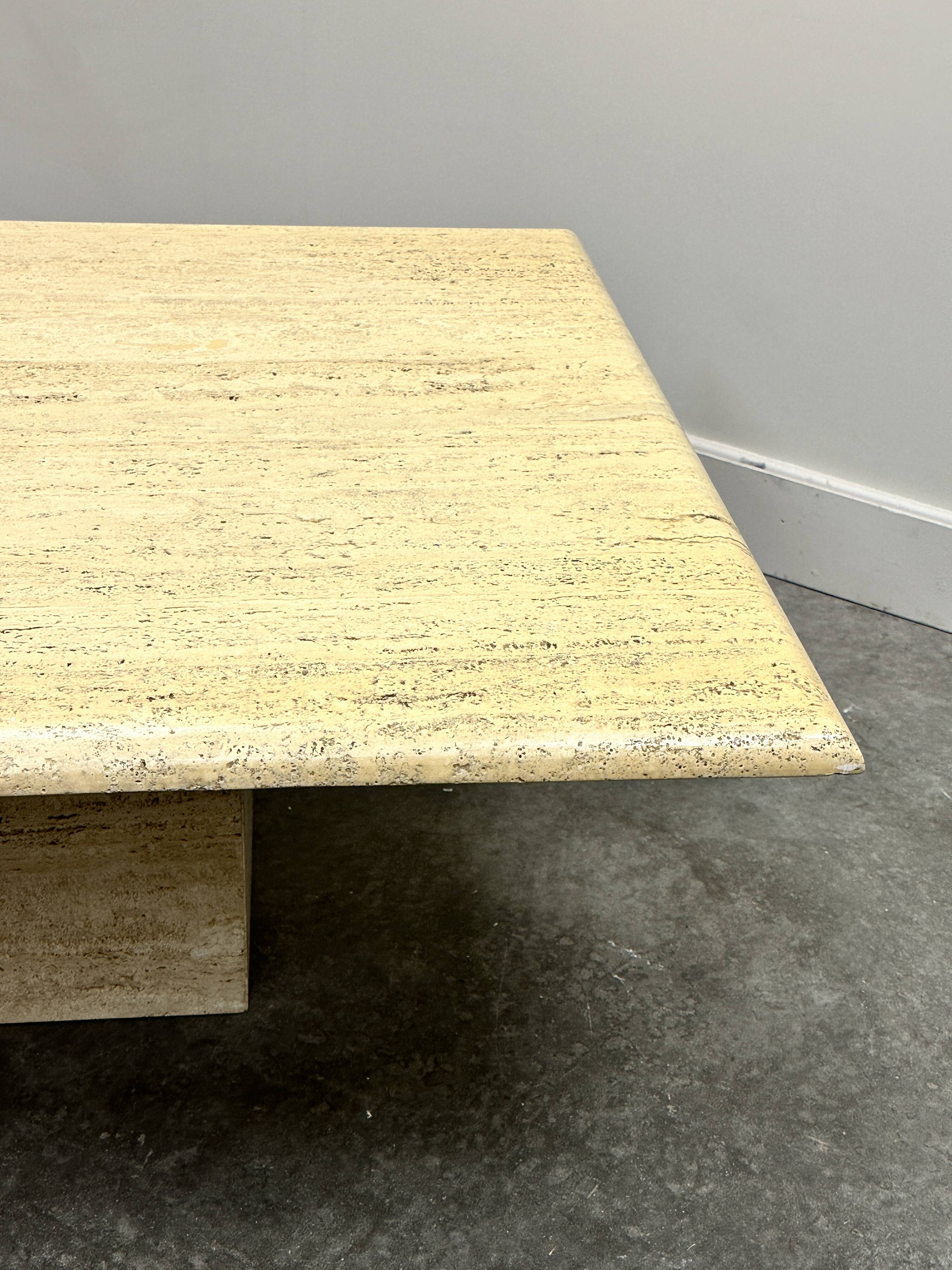 Large Vintage Brute Travertine Square Coffee Table, France 1970s.