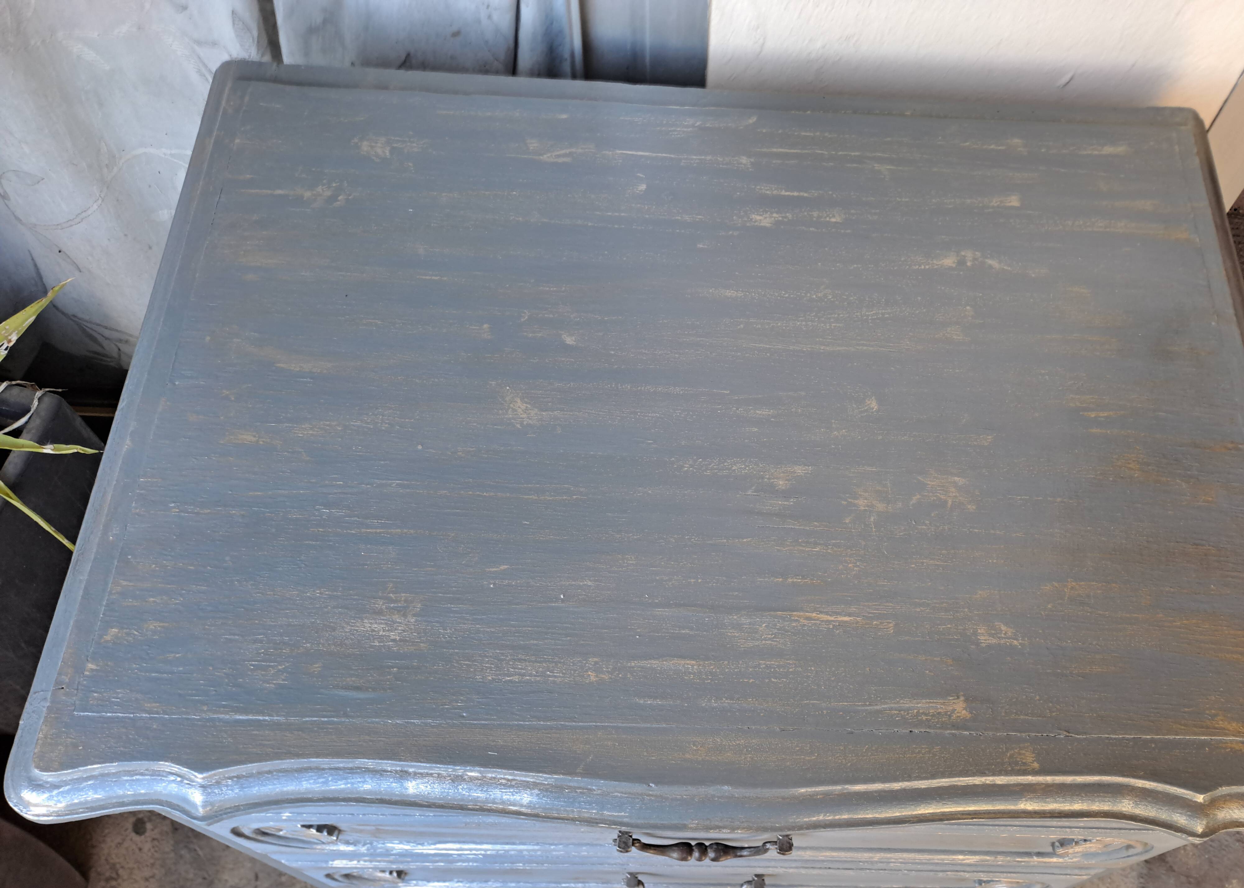 Solid wood chest of drawers painted gray and patinated silver 1940 with 3 drawers