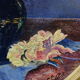 Pair of still life paintings bouquets oval golden frame