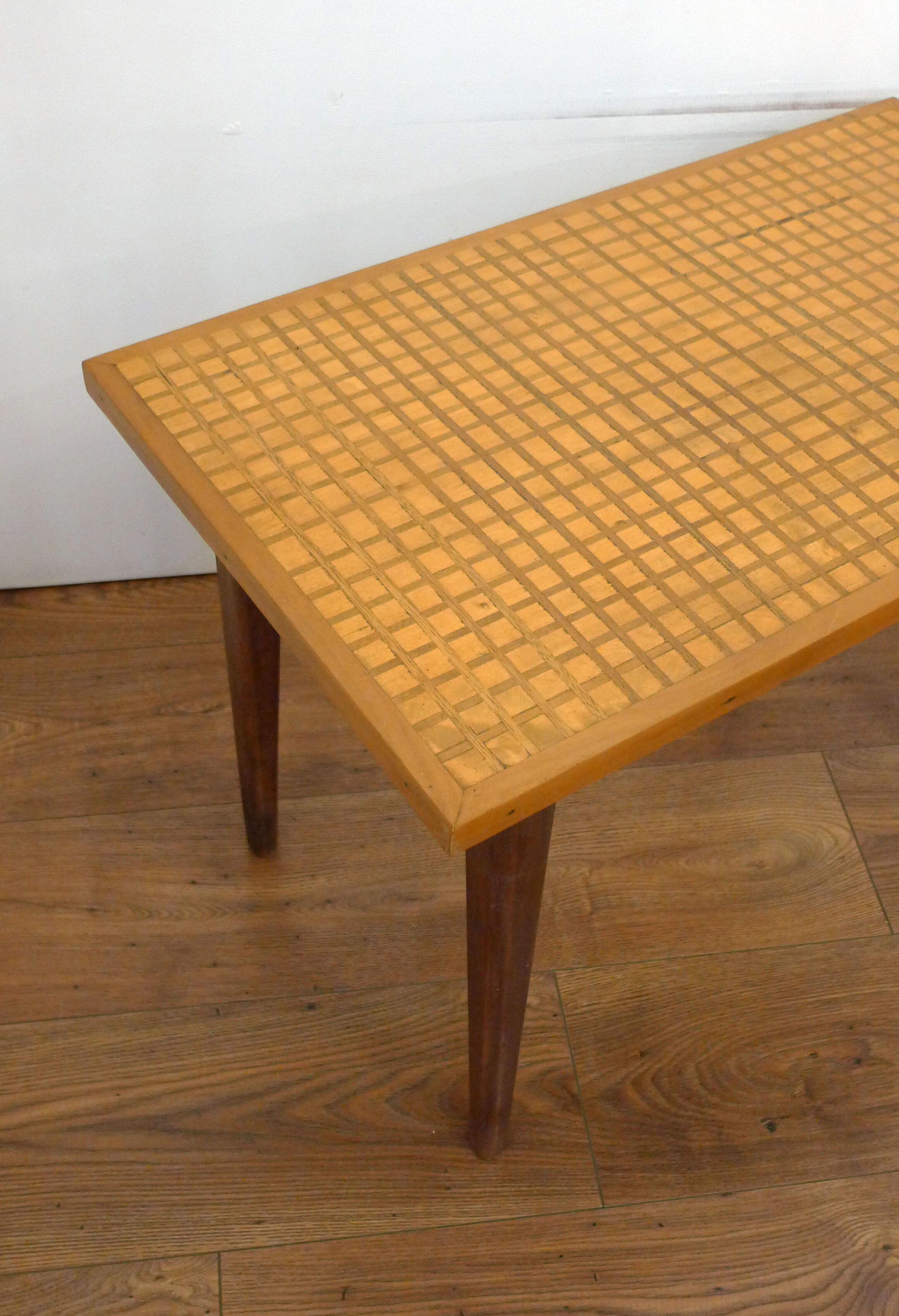 Mid-century grid coffee table, in wood & marquetry